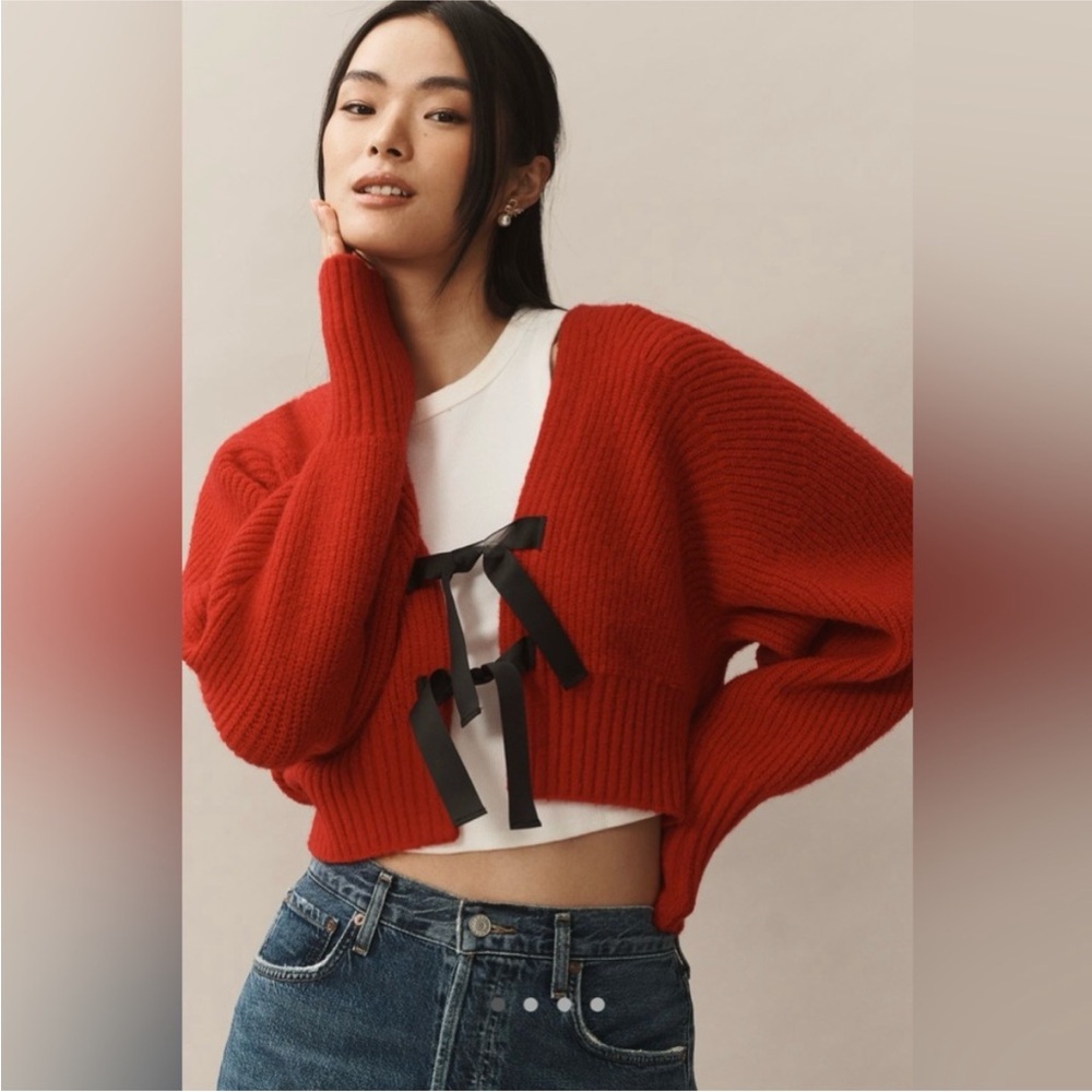 Anthropologie Rhea red bow front crop cardigan sz xl